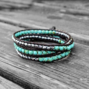 Turquoise Bracelet Leather Turquoise Wrap Bracelet Women Jewelry Leather Wrap Bracelet 4mm Beaded Bracelet Girlfriend Gift For Mother's Day