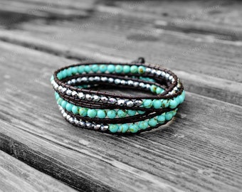 Turquoise Bracelet Leather Turquoise Wrap Bracelet Women Jewelry Leather Wrap Bracelet 4mm Beaded Bracelet Girlfriend Gift For Mother's Day
