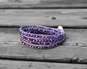 4 Wrap Purple Bracelet Crystal Beaded Wrap Bracelet Charm Bracelet 4mm Beaded Bracelet