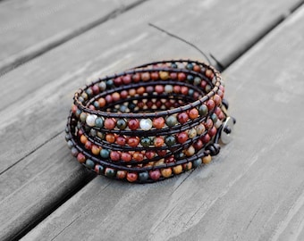 Leather Bracelet Agate Stone Wrap Bracelet Charm Bracelet Leather Wrap Beaded Bracelet Women Men Bracelet Anniversary Gift Mother's Day Gift