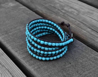Turquoise Leather Bracelet  Turquoise Wrap Bracelet Charm Bracelet Leather Wrap Bracelet 4mm Beaded Bracelet with Brown Leather Cord