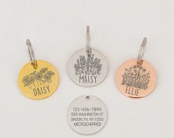 Placa de identificación personalizada para perro, placa de identificación para gato, placa de identificación para perro, placa con nombre para perro, placa floral, placa con flores, placa para collar de perro