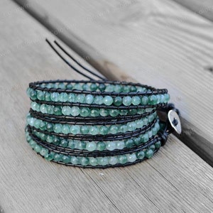 Leather Bracelet Mediterranean Green Wrap Bracelet Jade Beads Leather Wrap Bracelet 4mm Beaded Bracelet Wedding Jeweley Perfect Gift
