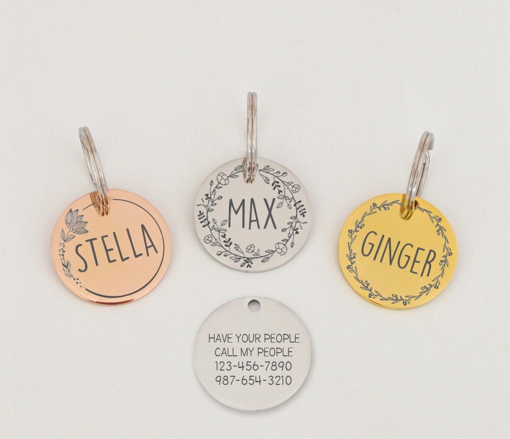 Personalized Dog Tag Pet Tag Custom Cat Tag Cat Collar Tag Cat ID Tag Dog  ID Tag Dog Name Tag Floral Tag Flower Tag Dog Collar Tag