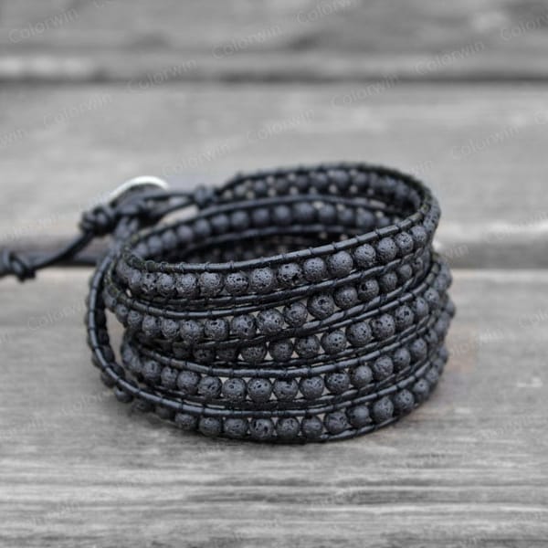 Leather Lava Rock Bracelet Wrap Bracelet Beaded Bracelet Leather Wrap Bracelet 4mm Beaded Bracelet Birthday Gift Friendship Gift