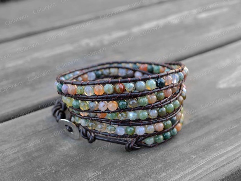 Leather Agate Bracelet Agate Wrap Bracelet Beaded Bracelet Leather Wrap Bracelet Wedding Bracelet Bridesmaid Bracelet Mother's Day Gift image 2