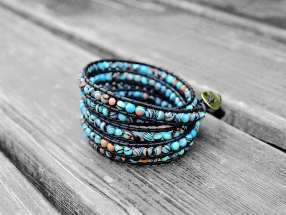 Leather Wrap Bracelet Beaded Bracelet Leather Bracelet 4mm Beaded