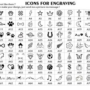 Puede incluir: Una imagen gr&aacute;fica en blanco y negro con 70 iconos diferentes para grabar. Los iconos est&aacute;n dispuestos en una cuadr&iacute;cula con una designaci&oacute;n de letra y n&uacute;mero para cada icono. Los iconos incluyen corazones, animales, naturaleza, s&iacute;mbolos y m&aacute;s.