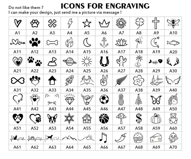 Puede incluir: Una imagen gr&aacute;fica en blanco y negro con 70 iconos diferentes para grabar. Los iconos est&aacute;n dispuestos en una cuadr&iacute;cula con una designaci&oacute;n de letra y n&uacute;mero para cada icono. Los iconos incluyen corazones, animales, naturaleza, s&iacute;mbolos y m&aacute;s.