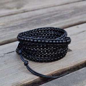 Leather Agate Bracelet Black Agate Wrap Bracelet Beaded Bracelet Leather Wrap Bracelet 4mm Beaded Bracelet with Black Leather Cord