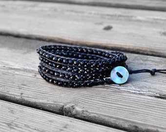 4 Wrap Bracelet Black Crystal Black Beads Wrap Bracelet Charm Bracelet 4mm Beaded Bracelet Women Bracelet