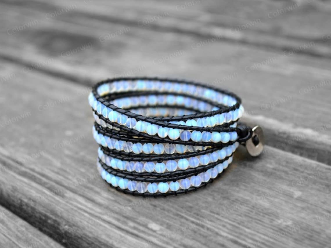 Blue Leather Bracelet Beaded Bracelet Leather Wrap Bracelet Etsy