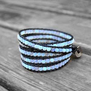 Blue Leather Bracelet Beaded Bracelet Leather Wrap Bracelet 4mm Beaded Bracelet Birthday Gift Girlfriend Gift