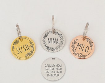 Placa de identificación personalizada para perro, placa de identificación para gato, placa de identificación para perro, placa con nombre para perro, placa floral, placa con flores, placa para collar de perro