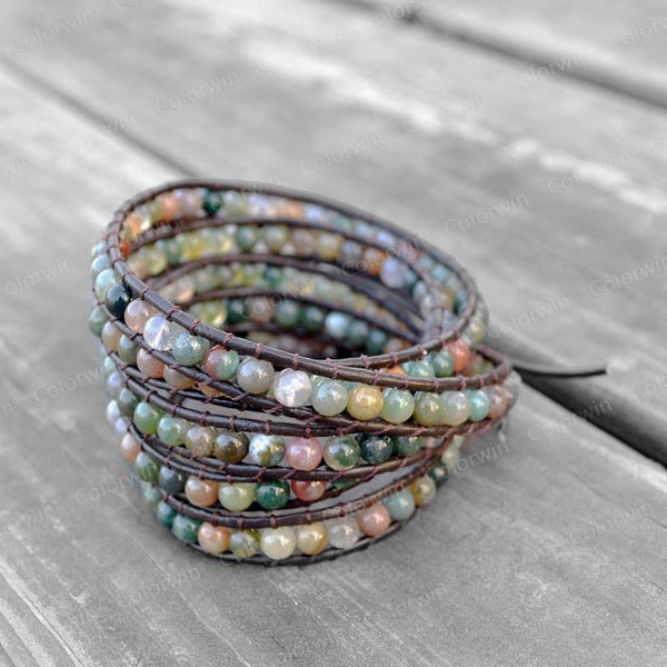 Pulsera de ágata de cuero Pulsera de envoltura de ágata Pulsera con cuentas Pulsera de envoltura de cuero Pulsera de boda Pulsera de dama de honor Regalo del Día de la Madre