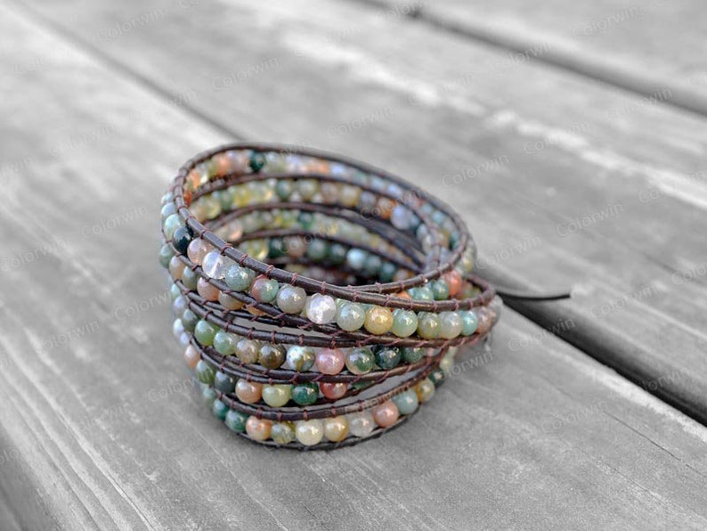 Leather Agate Bracelet Agate Wrap Bracelet Beaded Bracelet Leather Wrap Bracelet Wedding Bracelet Bridesmaid Bracelet Mother's Day Gift image 1