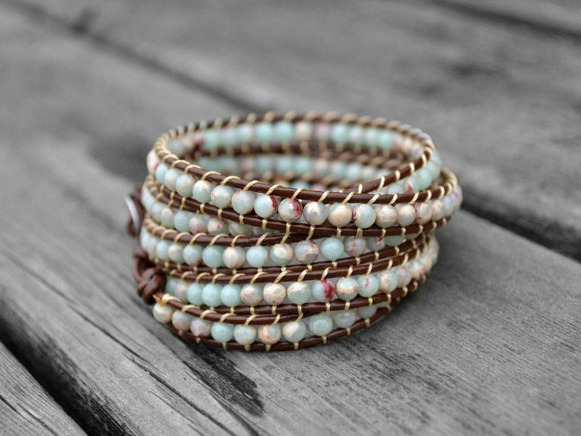 Leather Bracelet Beaded Wrap Bracelet Leather Wrap Bracelet Etsy