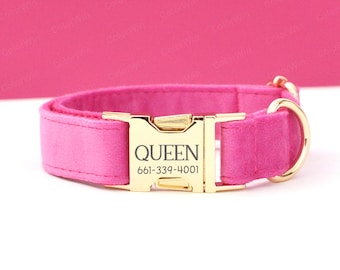 Collar de terciopelo personalizado rojo rosa, collar y correa para perro, hebilla de metal con nombre de mascota grabado, etiqueta para collar de perro, nombre grabado gratis en el collar de perro