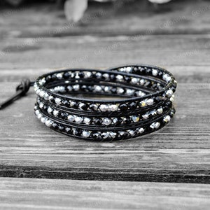 Leather Bracelet Beaded Wrap Bracelet Leather Wrap Bracelet 4mm Beaded Bracelet with Black Leather Cord Gift For Her Birthday Gift