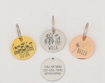 Personalized Dog Tag Pet Tag Cat Tag Cat Collar Tag Cat ID Tag Dog ID Tag Custom Dog Name Tag Floral Tag Flower Tag Dog Collar Tag