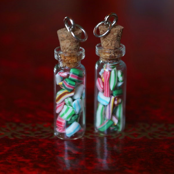 Miniature Christmas old time candies in glass bottle on a charm, cellphone strap or necklace