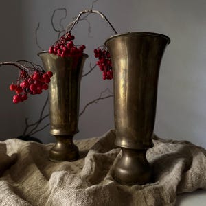 Puede incluir: Dos jarrones antiguos de latón con la parte superior acampanada y base de pedestal. Cada jarrón contiene una rama de bayas rojas. Los jarrones se encuentran sobre una tela beige texturizada, creando una estética vintage.