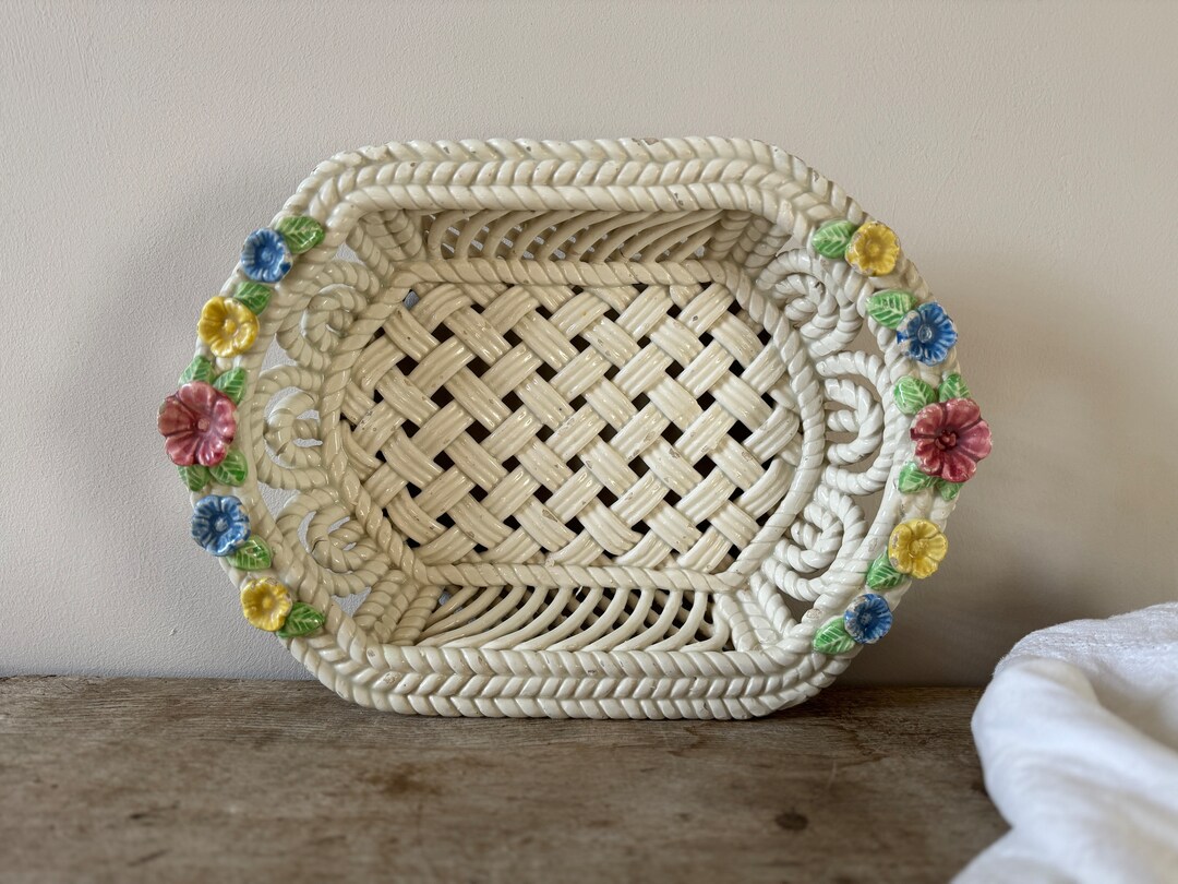 Lovely Basket Weave Fruit Bowl, Display Bowl With Pastel Spring Flowers