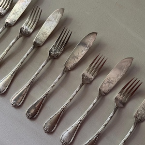 Exquisitely engraved Christofle Silver Plated Fish Cutlery Set | Antique French Dinnerware | Gilded Age Table Setting from France, set of 12