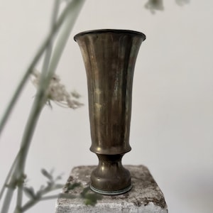 May include: A tall, slender brass vase with a flared rim and a rounded, pedestal-style base. The metal surface displays a weathered, tarnished patina with visible vertical striations and subtle color variations ranging from muted gold to dark brown.