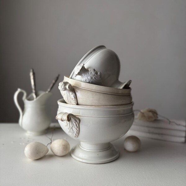 GIEN, FRANCE, 19th century French ironstone tureen, soupière, time worn decor