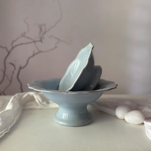 French vintage baby blue footed bowls, table centerpieces, fruit bowls, compotier, pair