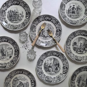 1800’s Historic French Explorer & Scientist Plates, Sarreguemines Assiettes Parlantes - Antique Black Transferware