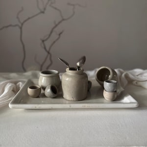 Rare French stoneware pottery | beige mustard pot, small utensil crock | 1/4
