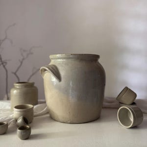French antique pottery, marbled preservation crock, extra large confit pot number 7, stoneware from France