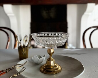 French vintage crystal pedestal, elegant tabletop decor with gold base.