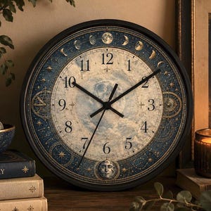 May include: A round wall clock with a black frame and a celestial design. The clock face features a blue and cream background with moon phases, stars, and Roman numerals. The clock is surrounded by books and a lit candle.