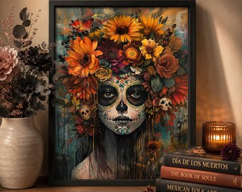 Sugar Skull Girl Fine Art Print #3: Dia De Los Muertos Floral Canvas