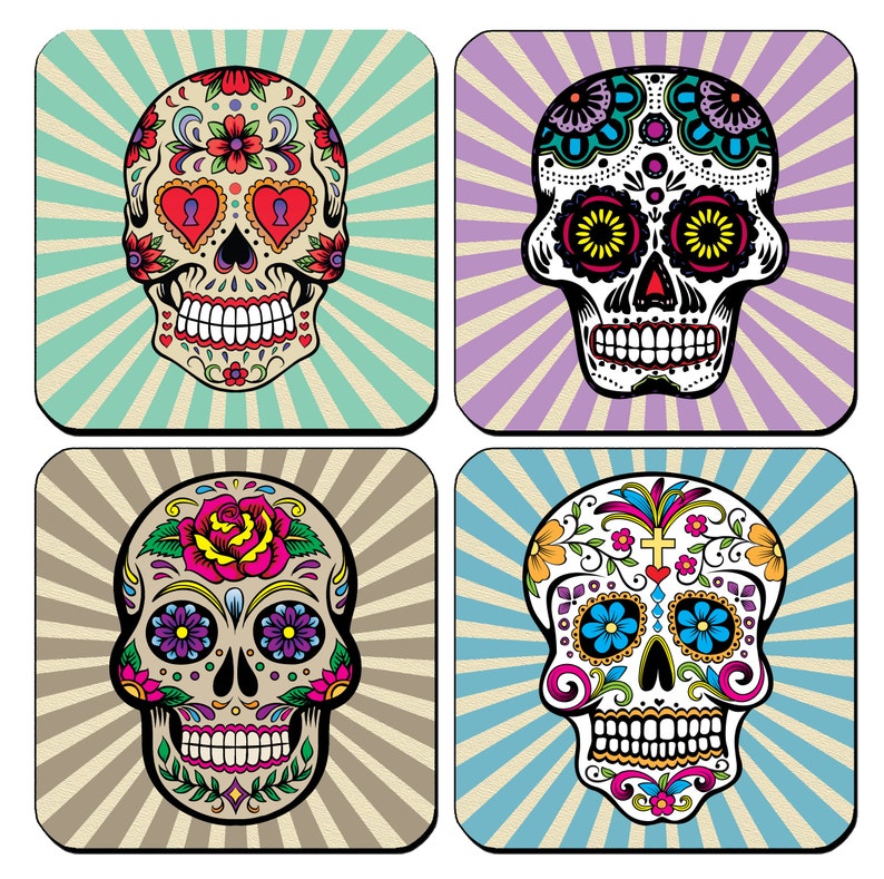 4 Wood Drink Coasters SUGAR SKULL #8 Glossy Bar Kitchen Beverage Decor Dia de los Muertos Day of the Dead Halloween Horror Scary Gift
