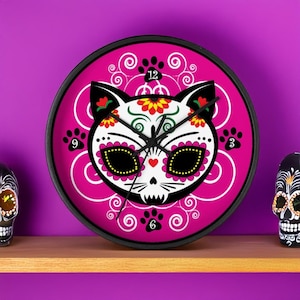 Sugar Skull Cat Wooden Wall Clock #2, 10&quot; Round, Dia de los Muertos Decor, Day of the Dead, Halloween Gift, Macabre Art, Gothic Home Decor