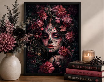 Sugar Skull Girl Fine Art Print #2: Dia De Los Muertos Floral Canvas