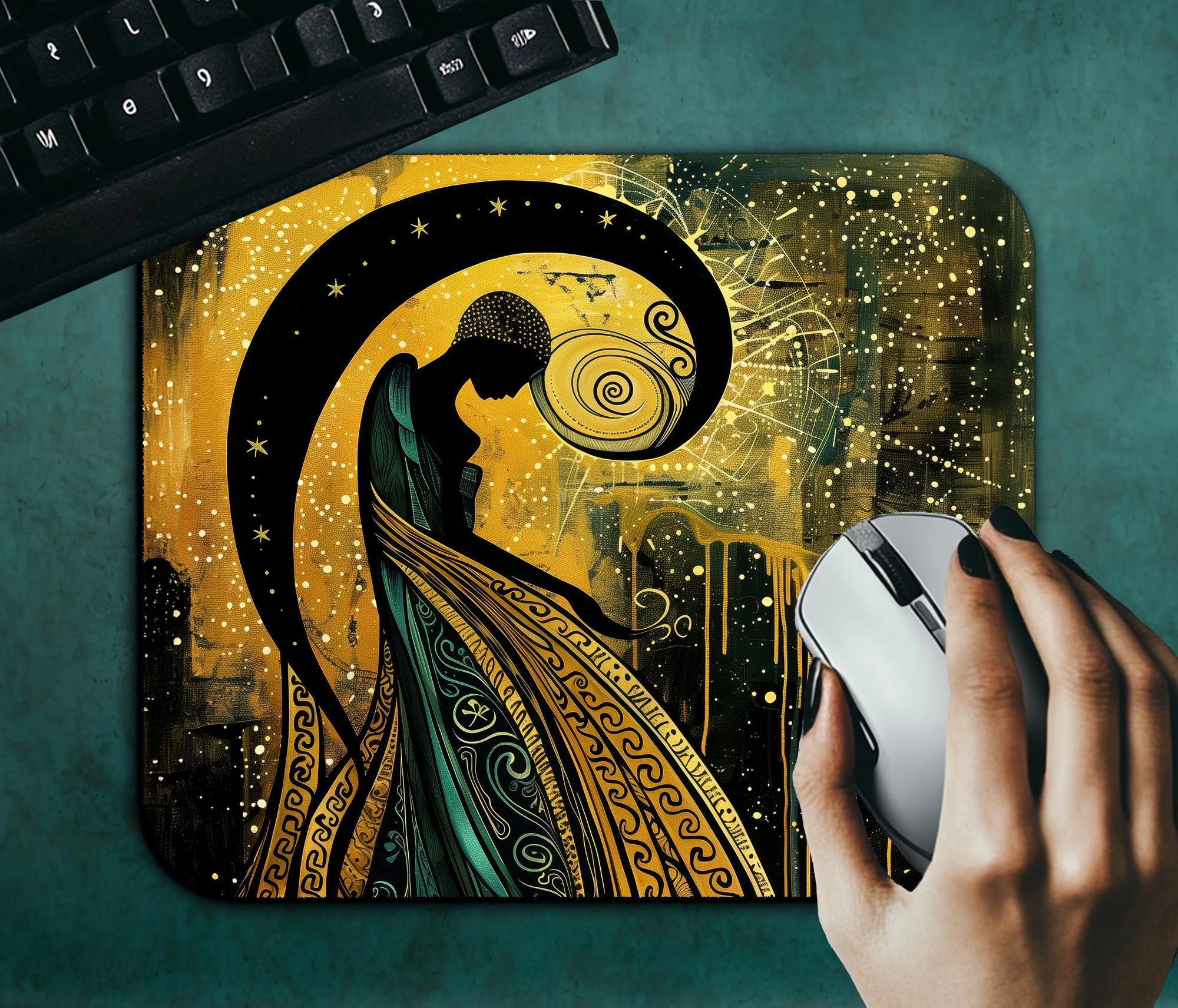 Celestial Woman Mouse Pad #1, Art Nouveau Style Mousepad, Gold Teal Black Desk Mat, Mystical Cosmic Office Decor, Goddess Moon Desk Pad