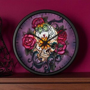 Sugar Skull Wooden Wall Clock #7, 10&quot; Round, Dia de los Muertos Decor, Day of the Dead Clock, Halloween Gift, Macabre Art, Gothic Home Decor