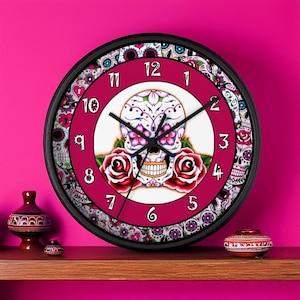 Sugar Skull Wooden Wall Clock #3, 10&quot; Round, Dia de los Muertos Decor, Day of the Dead Clock, Halloween Gift, Macabre Art, Gothic Home Decor