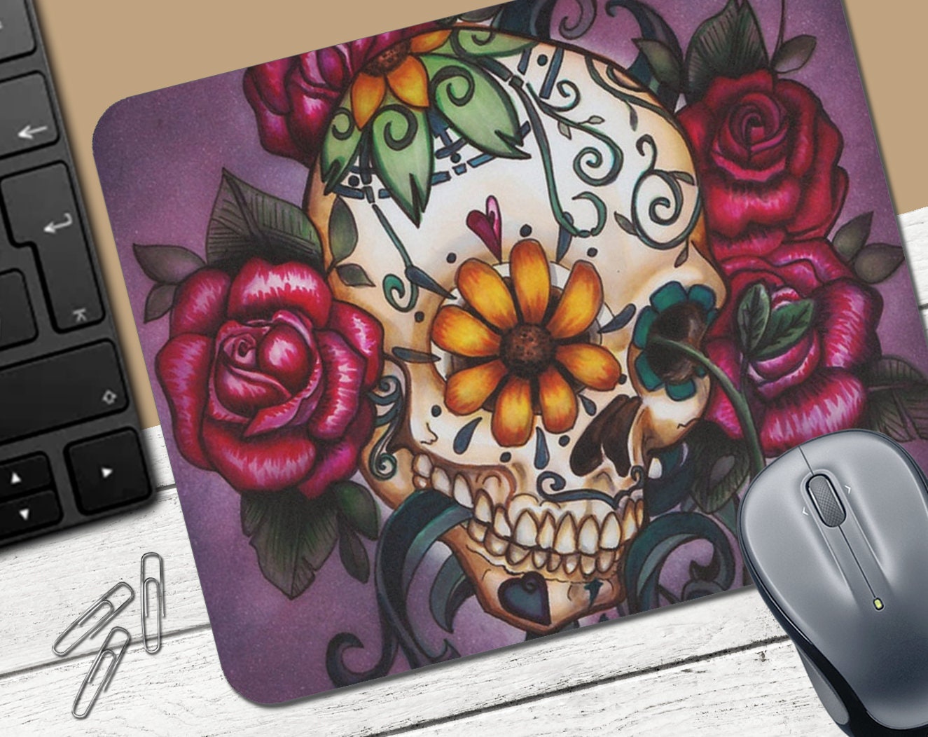  Skull Dead with Romantic Roses Celebration Day Gaming Mouse Pad  for Desk,Extended Stitched Edges Mousepad,Computer Keyboard Desk Mat,Non  Slip Rubber Base Mouse Pads Desk Pad Desk Pads : Office Products