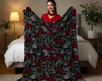 Gothic Skulls and Roses Blanket #1, Velveteen Lightweight Throw