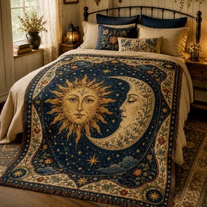 May include: A woven throw blanket featuring a dark blue background with a large central sun and crescent moon face design, surrounded by stars, clouds, and floral borders, draped over a bed with beige bedding and dark blue pillows.