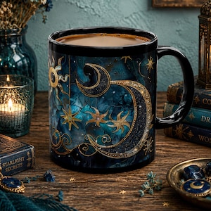 May include: Black ceramic mug with a celestial design featuring a sun, moon, and stars in gold against a teal and blue background. The mug is filled with a light brown liquid and has a black handle. The mug is surrounded by candles and books.