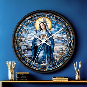 The Virgin Mary, Christian Wooden Wall Clock #7, 10&quot; Round Religious Clock, Spiritual Clock, Mother Mary Clock, Religious Art Christian Gift