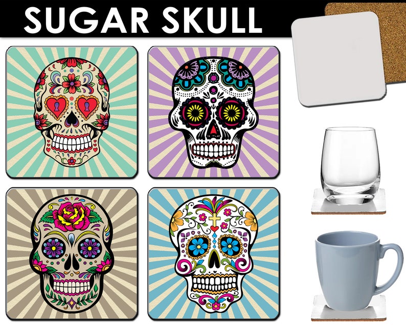 4 Wood Drink Coasters SUGAR SKULL #8 Glossy Bar Kitchen Beverage Decor Dia de los Muertos Day of the Dead Halloween Horror Scary Gift