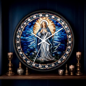 The Virgin Mary, Christian Wooden Wall Clock #8, 10&quot; Round Religious Clock, Spiritual Clock, Mother Mary Clock, Religious Art Christian Gift